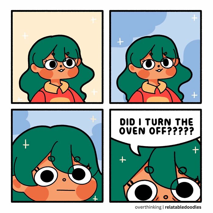 Comic by Relatable Doodles: Character overthinking if they turned the oven off.