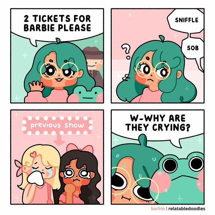 Comic by Relatable Doodles with a girl buying Barbie tickets and confused by others crying.