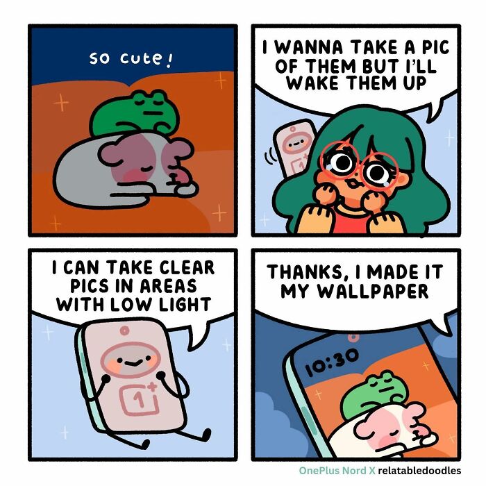 Relatable Doodles comic showing a cute animal picture becoming a phone wallpaper, featuring a happy character.