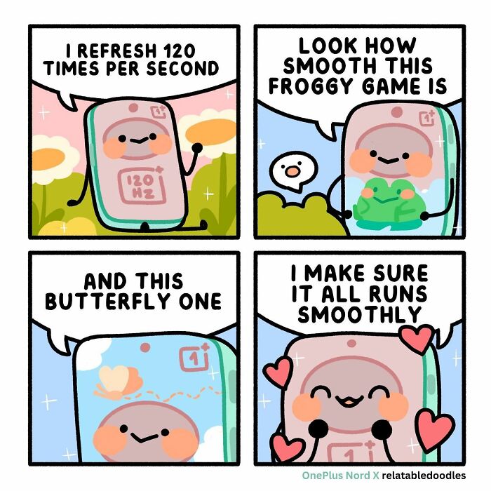 Relatable Doodles comic showing a smartphone with a happy face discussing smooth game performance.