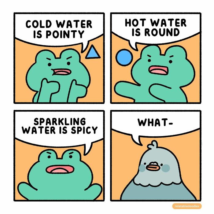 Relatable Doodles comic: character explains water shapes, another reacts confused.