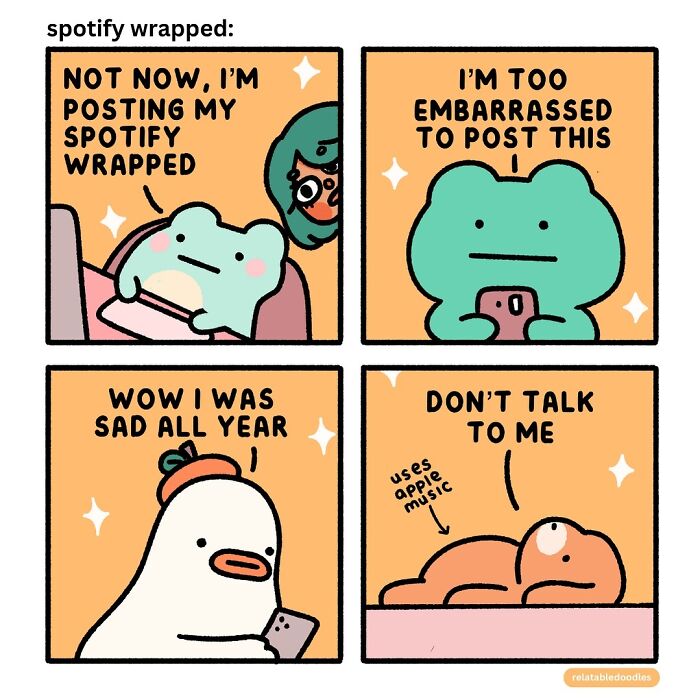 Comic depicting relatable emotions with characters reacting to Spotify Wrapped and Apple Music.