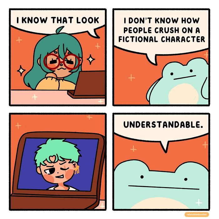 Relatable comic with a character on a laptop and a frog discussing fictional character crushes.