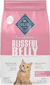 Bag of Blue Blissful Belly cat food for indoor cats, featuring a cat image on the pink packaging.
