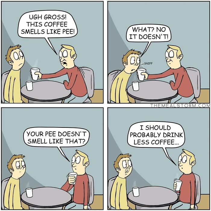 Two men at a table debating if coffee smells like pee in a quirky and funny comic with darker humor themes.