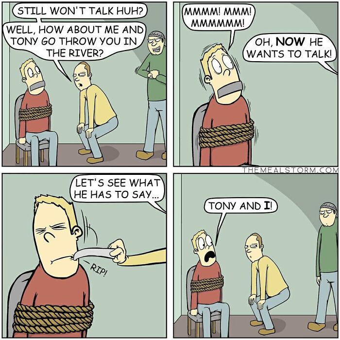 Comic strip featuring quirky and funny dark humor where a tied man reacts after being threatened with being thrown in a river.