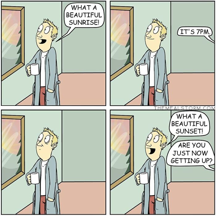 Comic with quirky and funny dark humor showing a man mistaking sunset for sunrise while holding a coffee cup.