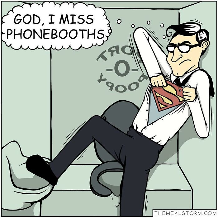 Comic panel showing a man humorously attempting to transform into a superhero, reflecting quirky and funny comics with dark humor.