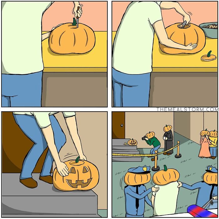 Comic panels showing a person carving a pumpkin followed by pumpkins being arrested by police in a dark humor comic.