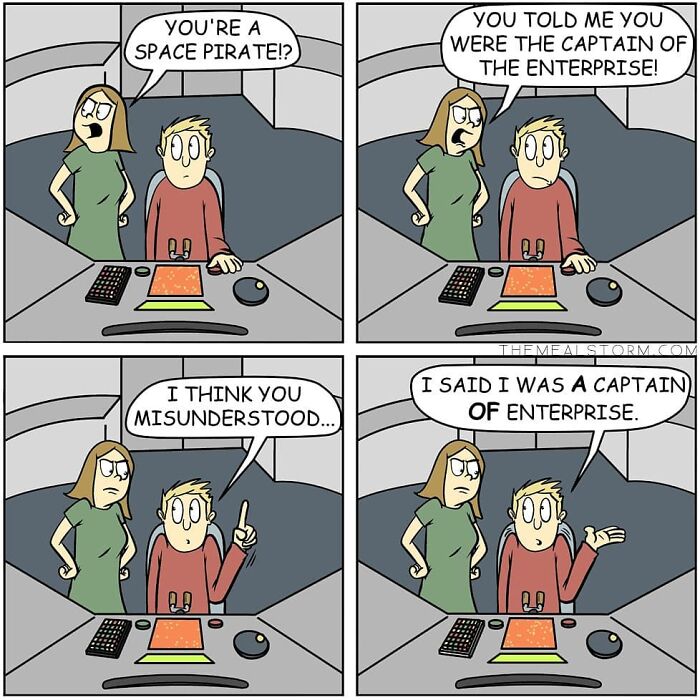 Comic strip showing a humorous space-themed misunderstanding in a quirky and funny comic with darker humor.