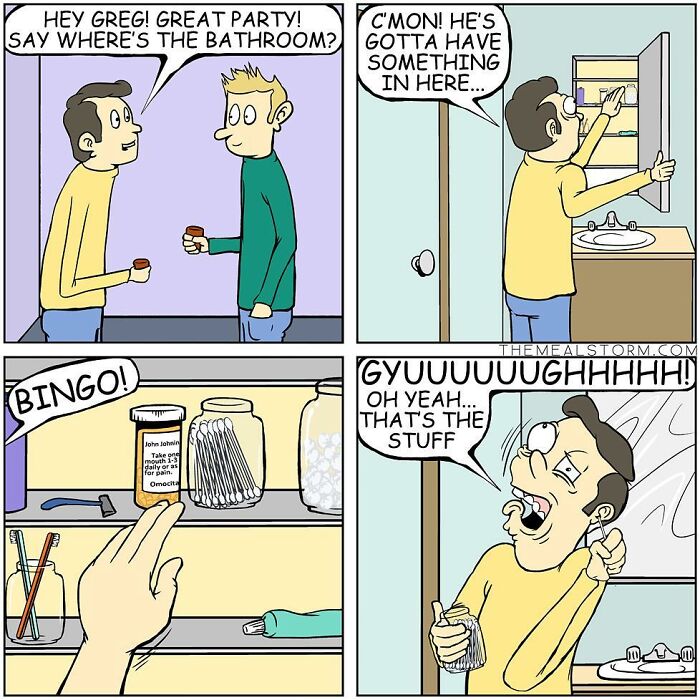 Man at party finds pills in bathroom medicine cabinet in a quirky and funny comic with a darker sense of humor.