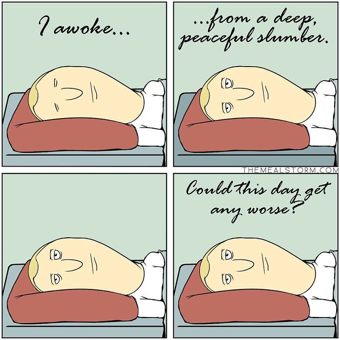 Comic strip featuring a character waking up with dark humor, showcasing quirky and funny comics with a darker sense of humor.