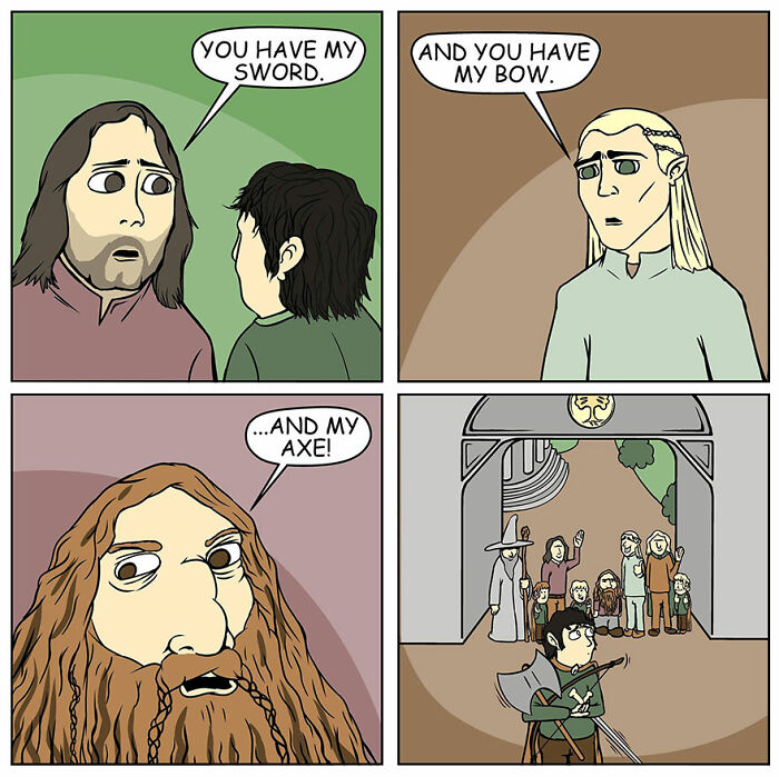 Comic panels featuring quirky characters exchanging weapons, showcasing dark humor in a humorous fantasy setting by Daniel Scully.