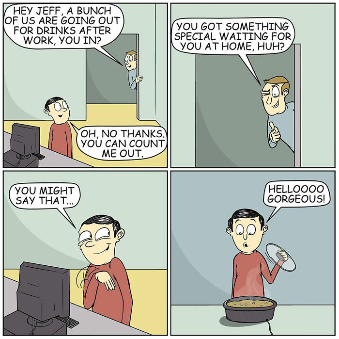 Comic shows a man declining drinks after work, then humorously greeting a slow cooker at home in a quirky, funny comic style.