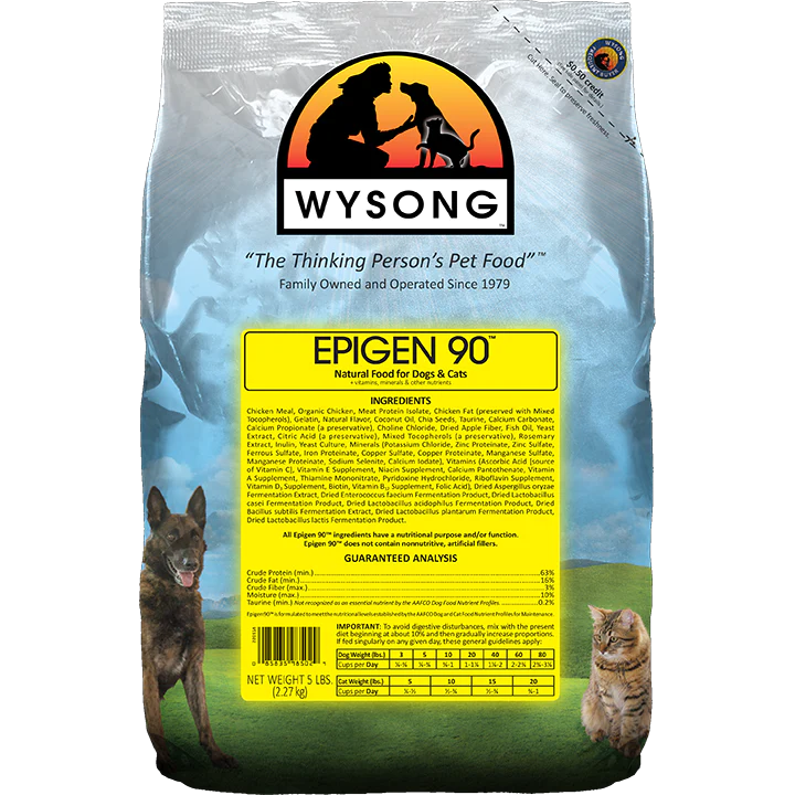 Wysong Epigen 90 bag with wolves and cats, highlighting best cat food for indoor cats.