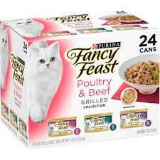 Box of Fancy Feast Poultry & Beef cat food for indoor cats, featuring an image of a white cat on the packaging.