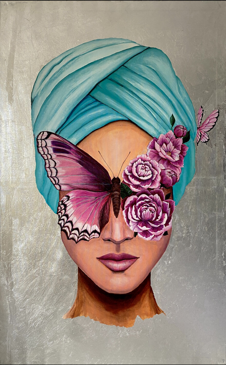 Painting of a butterfly woman with pink flowers and a teal headwrap on a silver textured background.