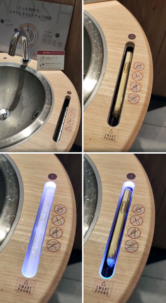 Innovative smartphone UV sanitizer built into a wooden sink countertop, showcasing unique Japan technology and design.