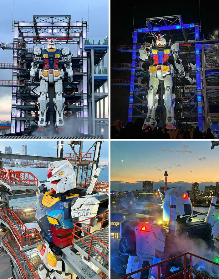 Life-size Gundam robot in Japan showcased during day and night, highlighting unique and interesting Japan attractions.