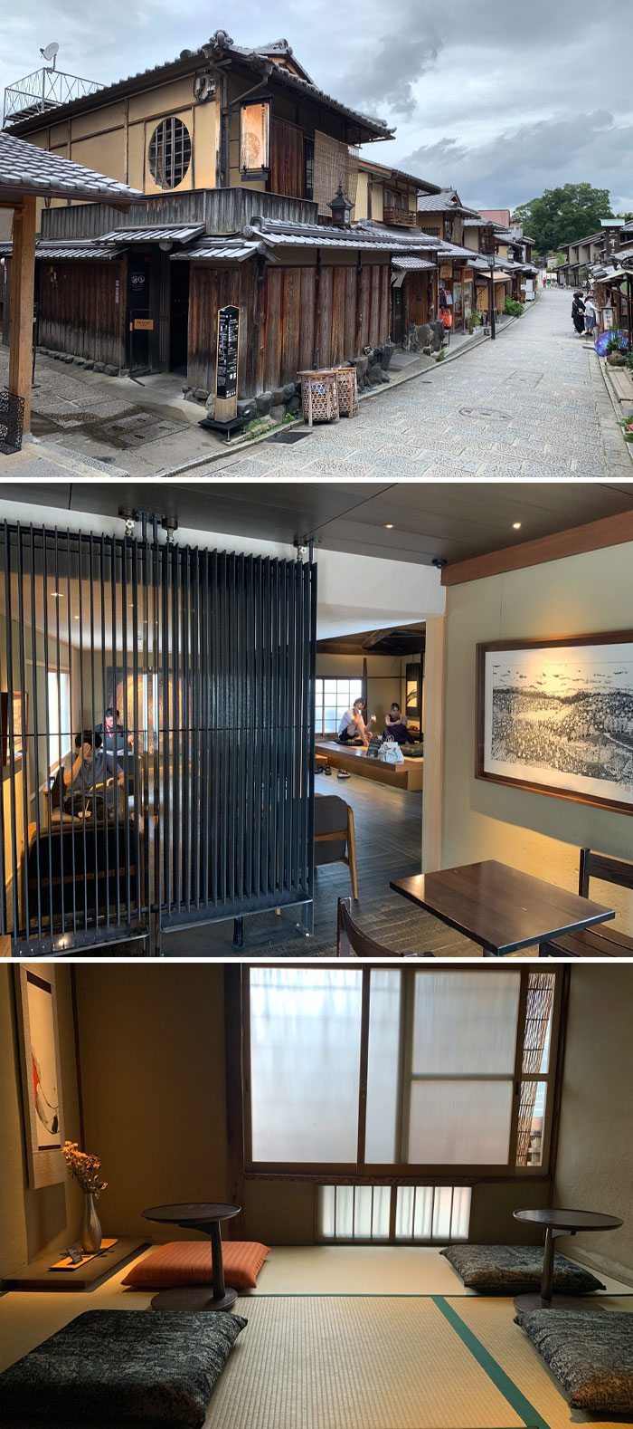 Traditional wooden buildings and interiors in Japan showcasing unique cultural design and atmosphere in a historic setting.