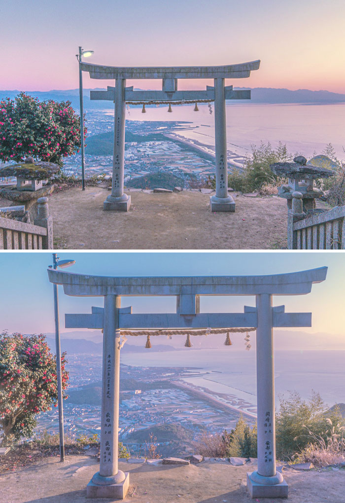 Torii gate overlooking coastal landscape at sunset, showcasing unique cultural landmarks in Japan.