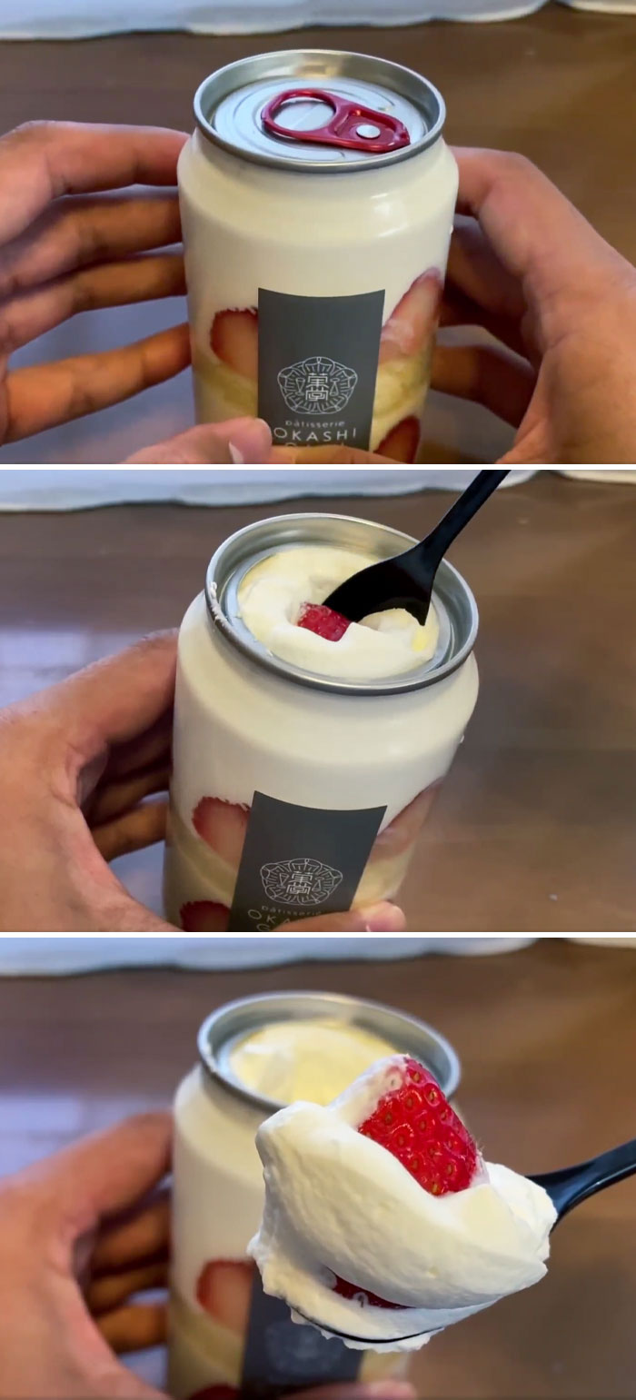 Japanese dessert can with strawberries and cream, showcasing unique Japan food packaging and creativity.