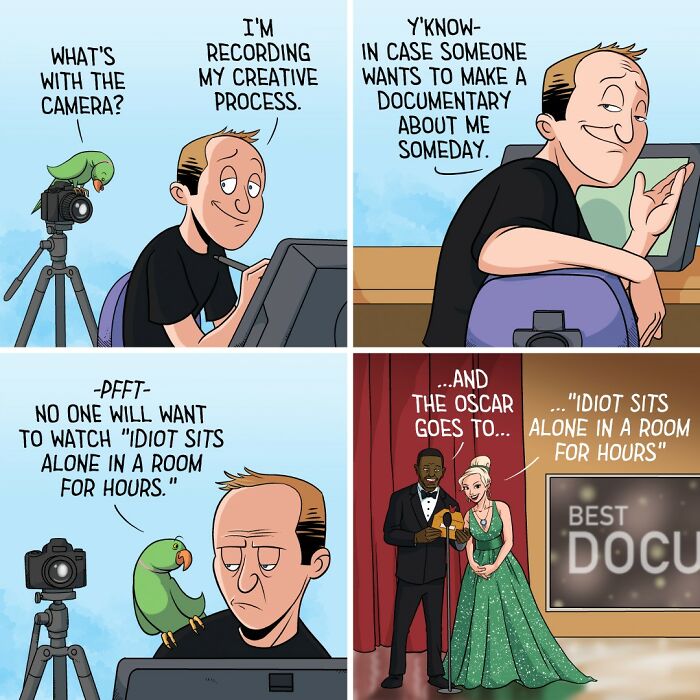 Comic strip showing a man humorously recording his creative process, featuring relatable hilarious comics keyword.