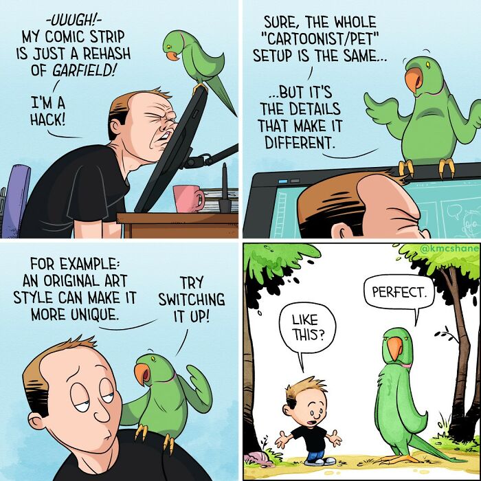 Comic strip showing a cartoonist and a parrot discussing unique art style in hilarious comics by Kevin McShane.