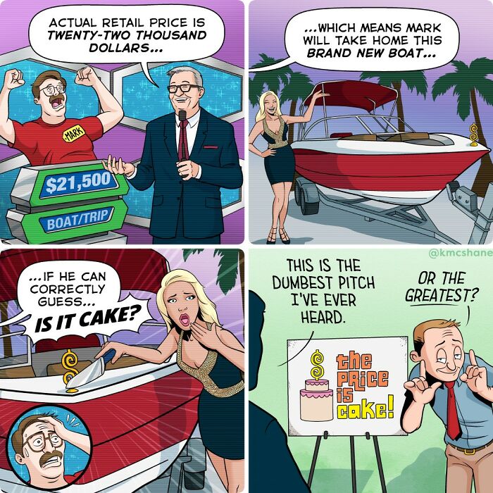 Comic strip showing a humorous scene about a price guess game with a boat prize, from hilarious comics by Kevin McShane.