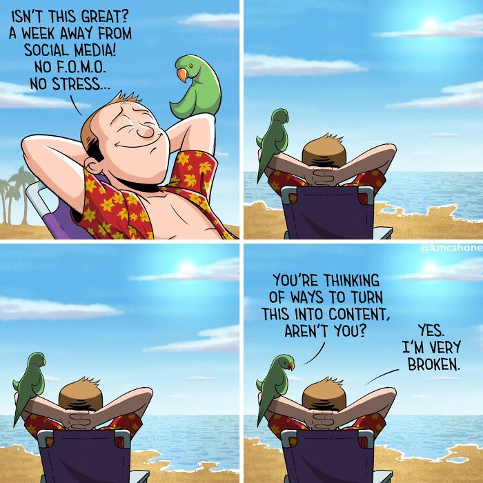 Man relaxing on a beach with a parrot, reflecting humorously about social media and content creation in a relatable comic style.