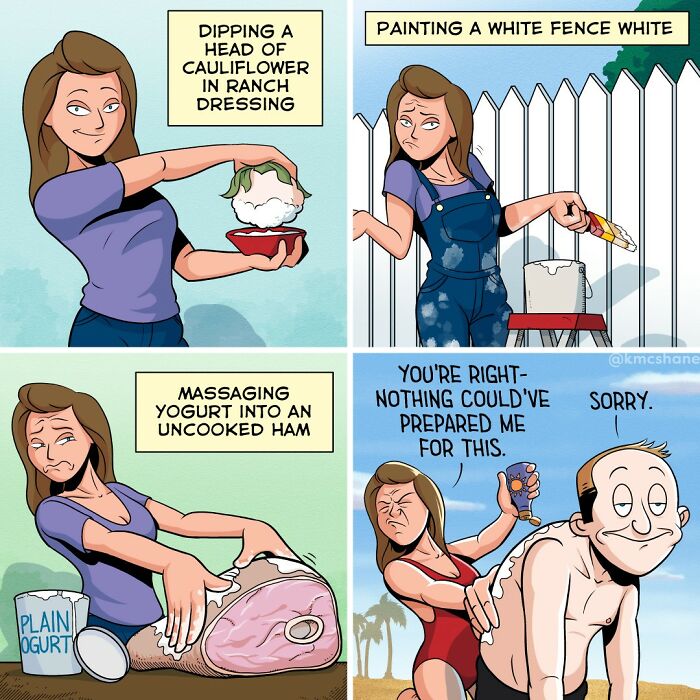 Comic strip by Kevin McShane showing relatable funny moments like dipping cauliflower, painting, and massaging ham.