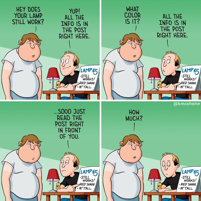 Comic strip showing two men discussing a lamp for sale; one repeats all info is in the post in a hilarious relatable exchange.