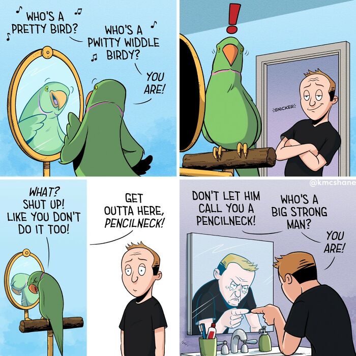 Comic panels show a parrot and man exchanging playful insults in a humorous and relatable comic style by Kevin McShane.