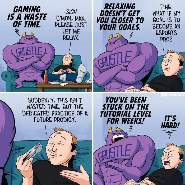 Hilarious comic by Kevin McShane shows a man debating the value of gaming while relaxing and practicing an esports goal.