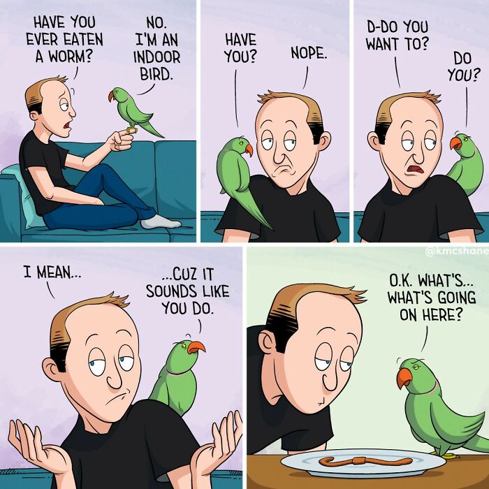 Man talking to a green parrot about eating a worm in a funny comic strip by Kevin McShane relatable humor.