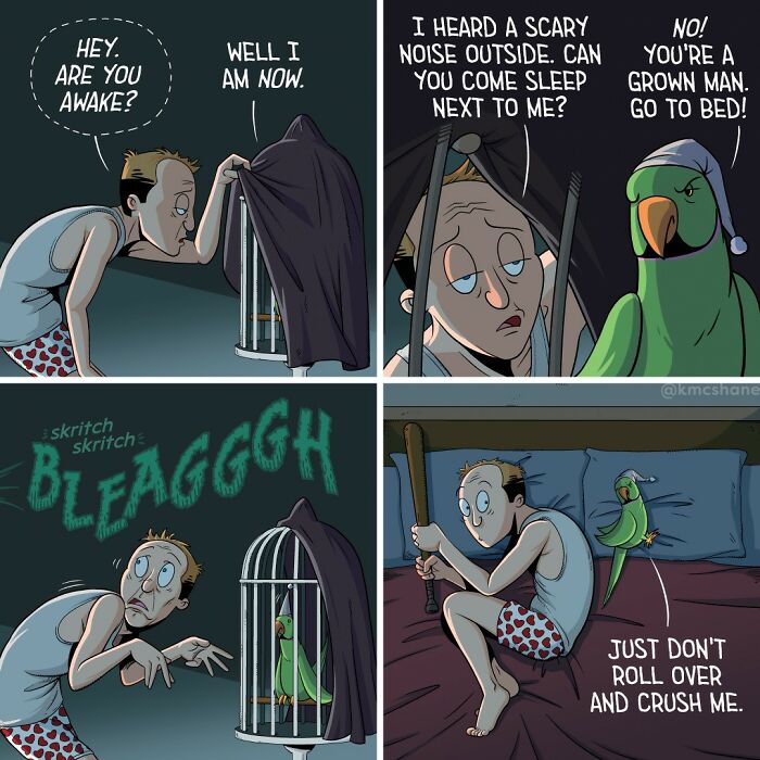 Man in pajamas interacting with a parrot in a cage and on a bed in a hilarious relatable comic by Kevin McShane.