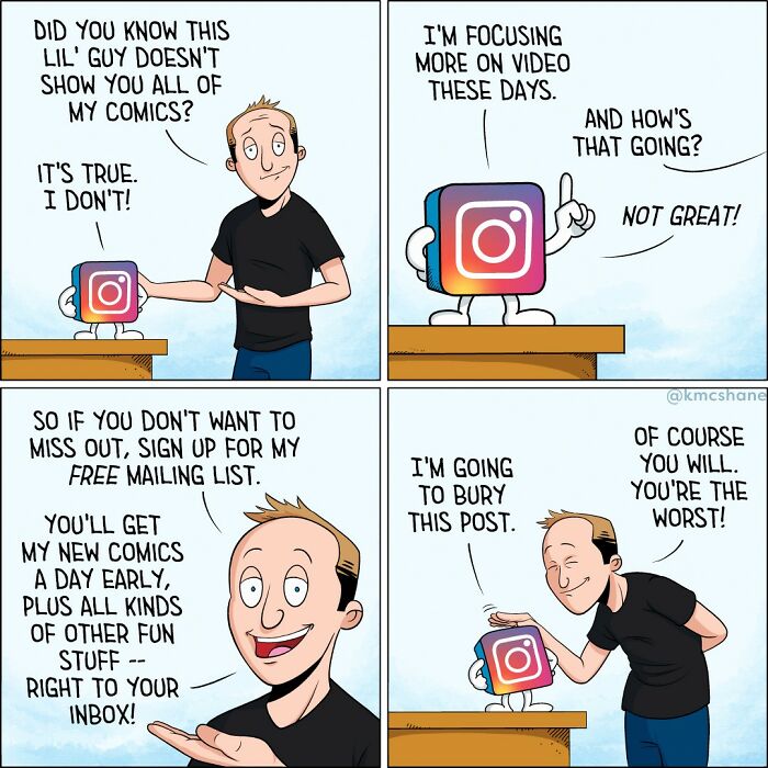 Comic about social media algorithms featuring a man and an Instagram icon discussing comics and video focus.