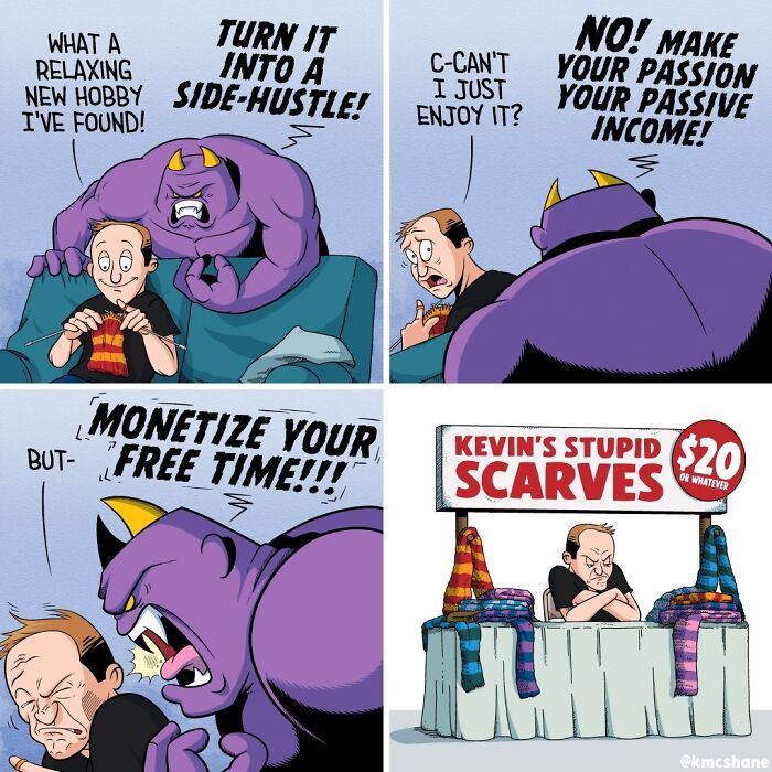 Comic panels showing a man and a purple monster arguing about turning a hobby into a side-hustle in a hilarious comic.