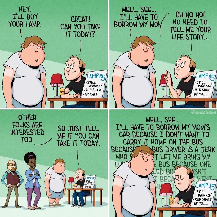 Comic scene of two men negotiating a lamp sale with humorous dialogue in a relatable comic style by Kevin McShane.