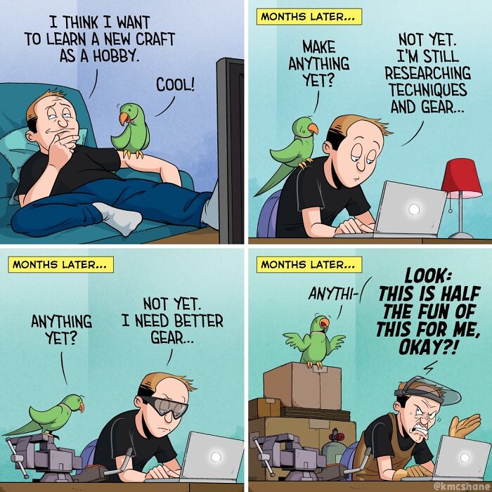 Man and parrot in a comic series about hobbies and procrastination, illustrating relatable moments in hilarious comics.