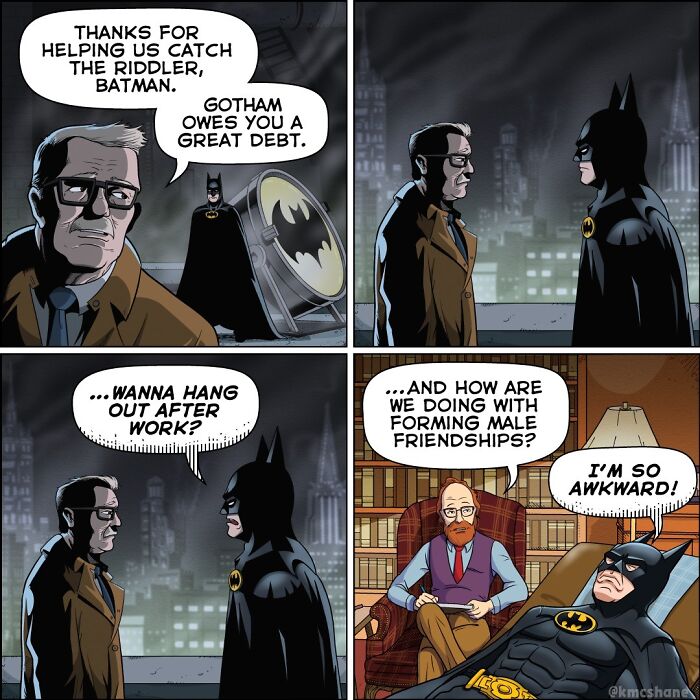 Comic strip showing Batman awkwardly discussing friendship with a man, illustrating relatable hilarious comics by Kevin McShane.