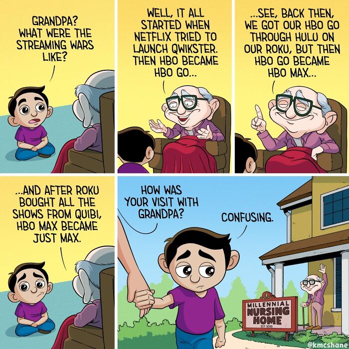 Comic strip showing a boy confused by grandfather’s story about streaming wars and changing streaming services names.