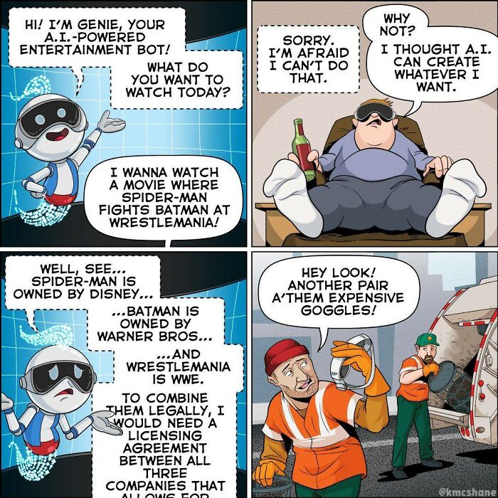 A hilarious comic showing a man chatting with an AI bot about Spider-Man, Batman, and Wrestlemania licensing issues.
