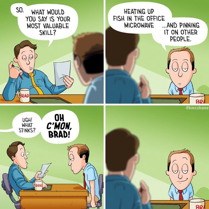 Office comic strip showing a humorous interview about heating fish in the office microwave, part of hilarious comics by Kevin McShane.
