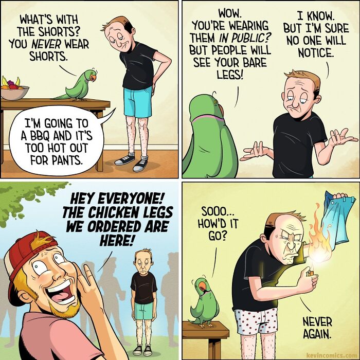 Comic panels by Kevin McShane showing a man wearing shorts, interacting with a parrot, with a humorous relatable theme.