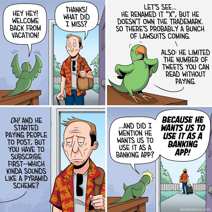 Comic panel showing a man returning from vacation with a parrot explaining changes, relatable comics humor by Kevin McShane.