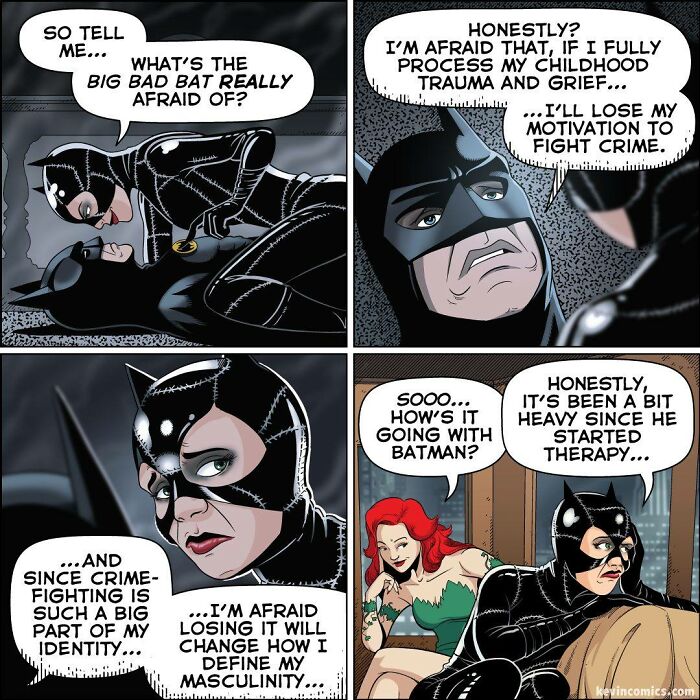 Comic panels showing Batman and Catwoman discussing fears, trauma, and therapy in a relatable, humorous comic style.