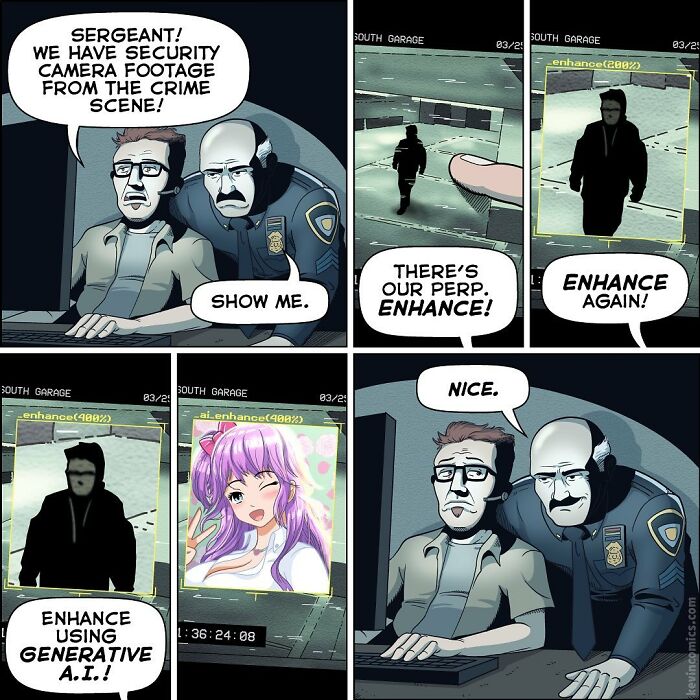 Police officers reviewing security footage, using generative AI to hilariously enhance a suspect image in a comic style.