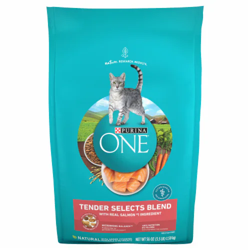 Bag of Purina ONE Tender Selects Blend cat food for indoor cats with salmon.