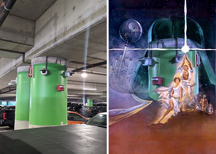 A Green Pole With Security Cameras In A Parking Garage